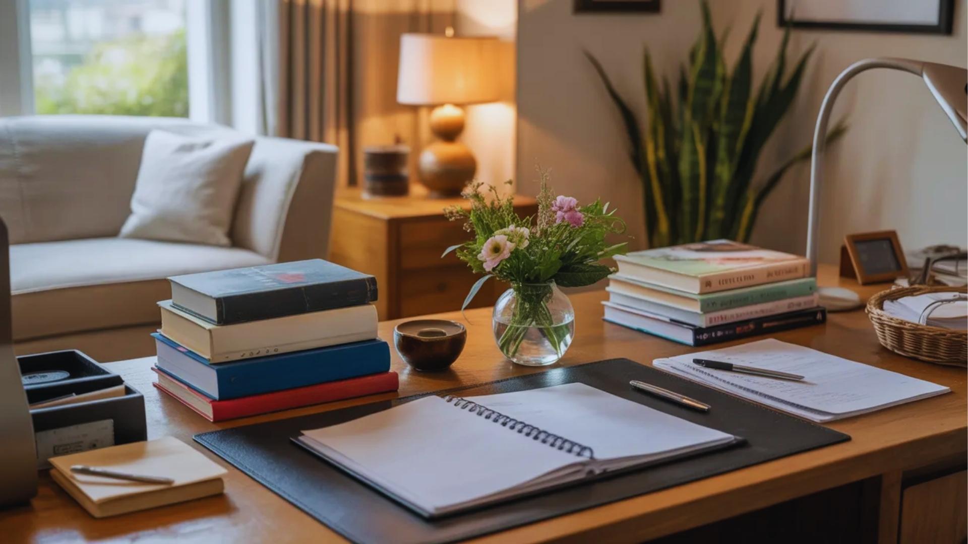 Cozy lived-in desk space with books, papers, lamp, and flowers in warm natural home office setting