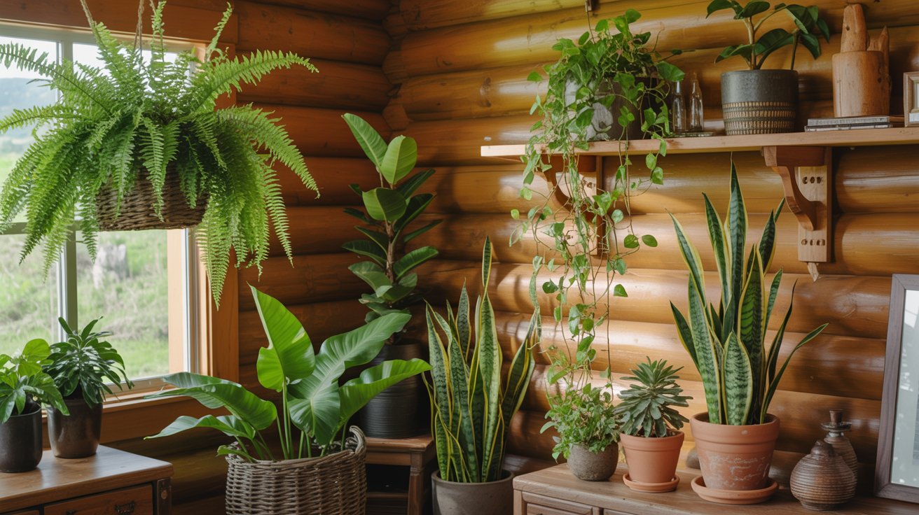 Cabin interior indoor plants greenery natural wood cozy fresh warm earthy design style