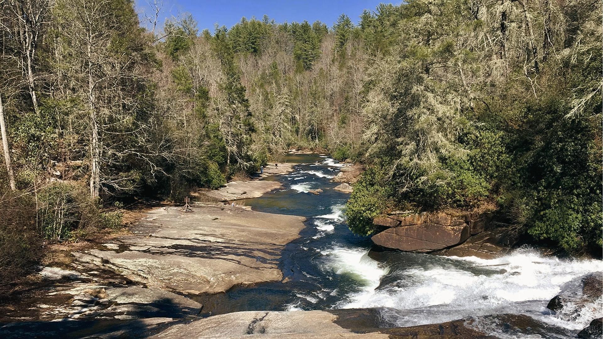 Rocky rapids of the French Broad River near Asheville, North Carolina, used for canoe chase sequences in The Last of the Mohicans.