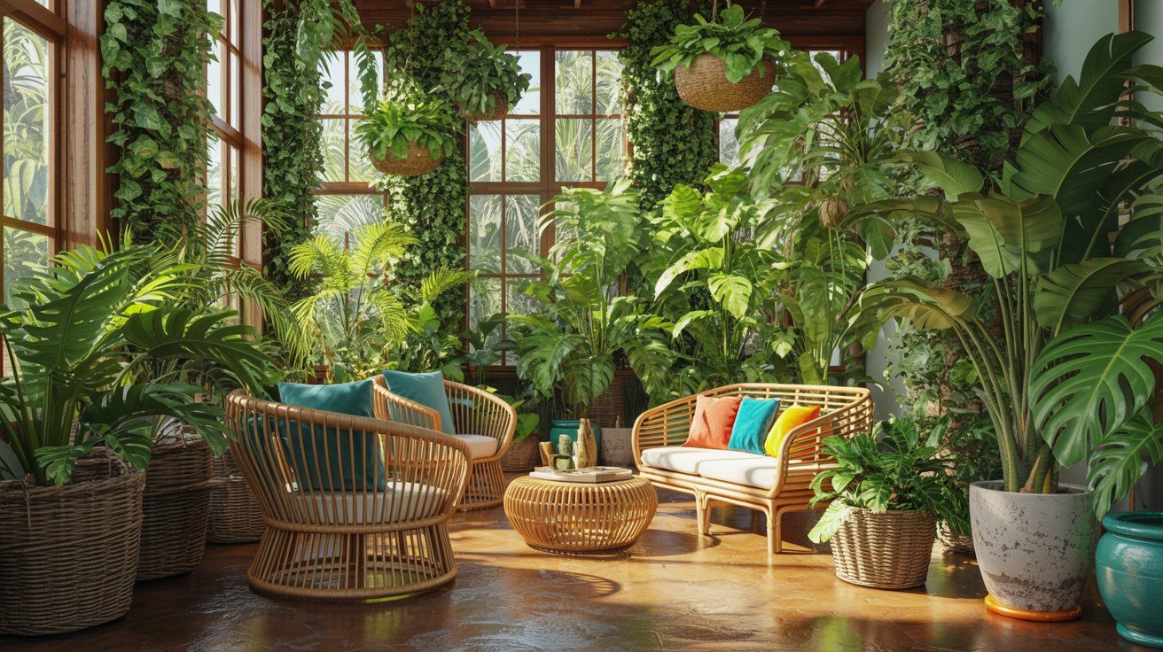 Tropical interior with lush plants, bright colors, and natural rattan furniture.