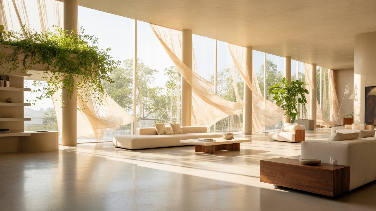 Bright airy living room with large windows sheer curtains mirrors natural light open biophilic space