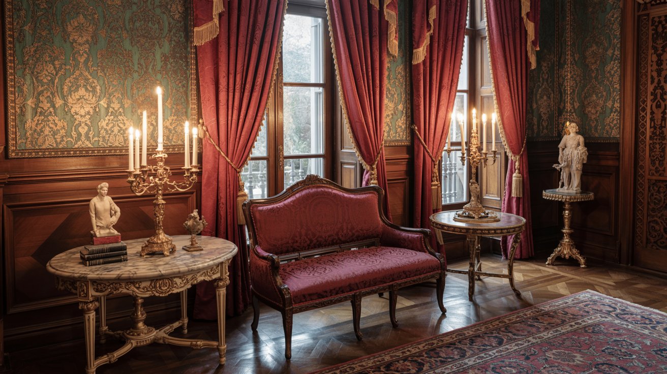 Victorian interior with ornate furniture, dark rich colors, and decorative details.