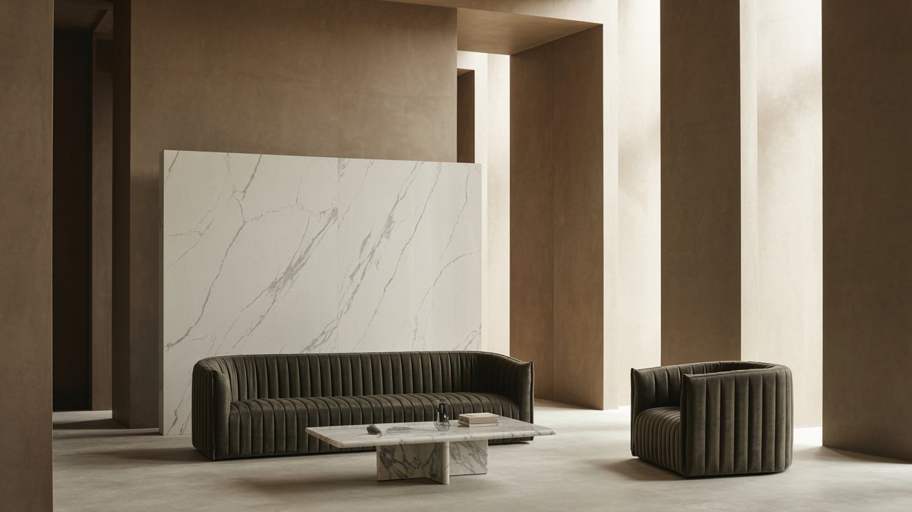 Contemporary classic interior with marble surfaces, velvet furniture, and elegant muted decor.