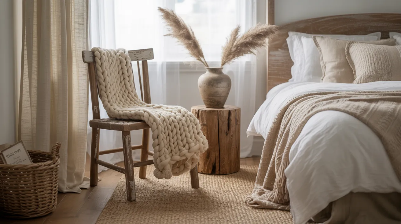 Cozy coastal interior with layered linen, knit throw, jute rug, and wooden textures in warm natural light