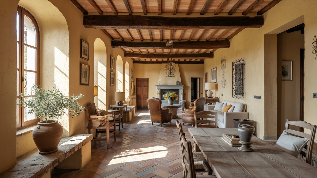 Rustic Tuscan farmhouse interior with stone walls, wood beams, terracotta floors, and warm earthy decor