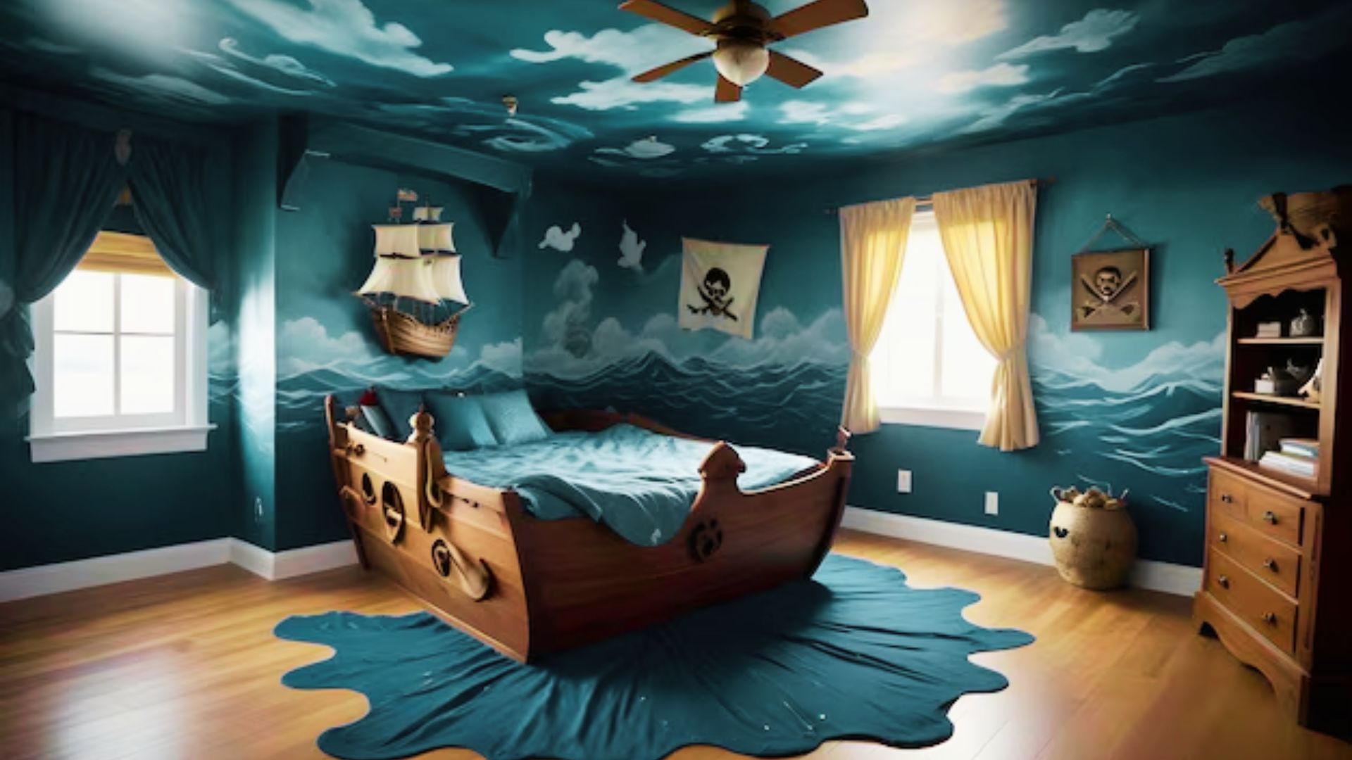 Immersive pirate ship bedroom with ocean-wave mural walls, ceiling clouds, and a wooden boat bed.