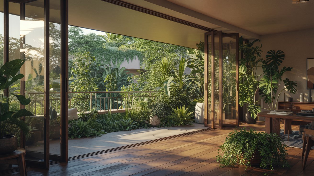 Indoor outdoor seamless living space sliding doors balcony greenery natural light modern biophilic home