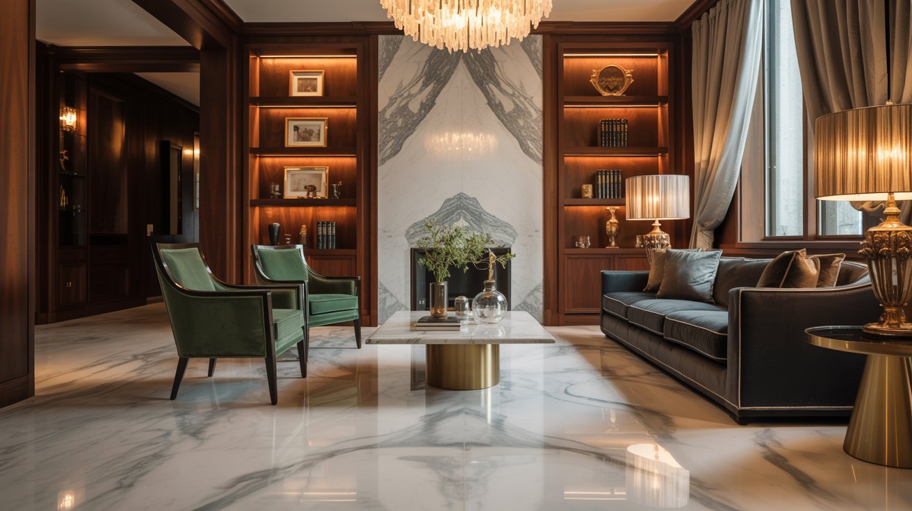 Luxury interior with marble finishes, velvet furniture, and elegant high-end decor.