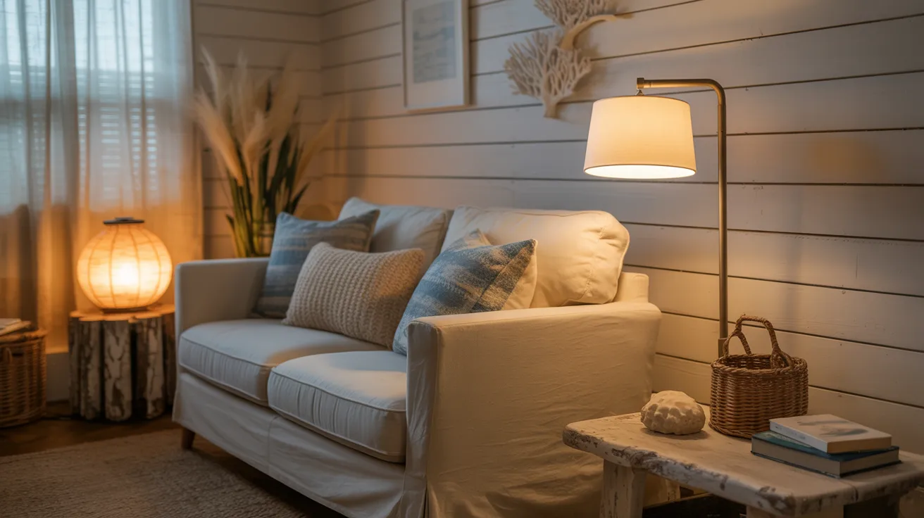 Warm layered lighting in coastal living room with table and floor lamps creating cozy evening glow