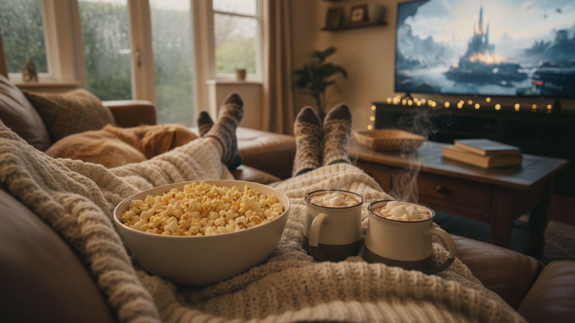 View from the couch, feet in knit socks rest under a chunky blanket with popcorn and steaming mugs of hot cocoa.