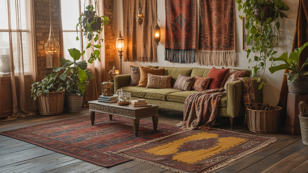 Bohemian interior with layered textiles, plants, and colorful eclectic decor.