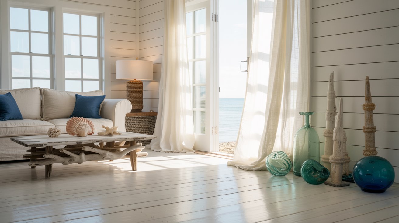 Coastal living room with light colors, blue accents, and beach-inspired decor.