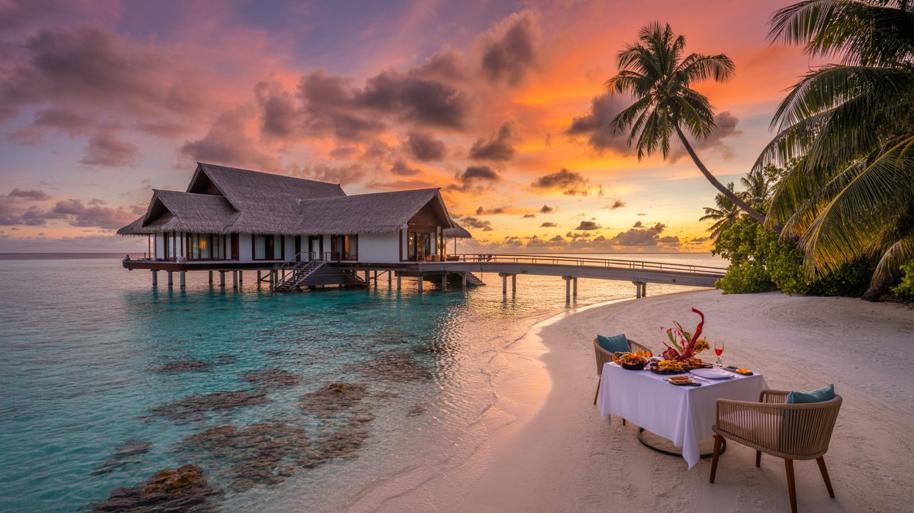Tropical beach paradise with snorkeling, seafood dining, overwater bungalow, palm trees, and sunset ocean views