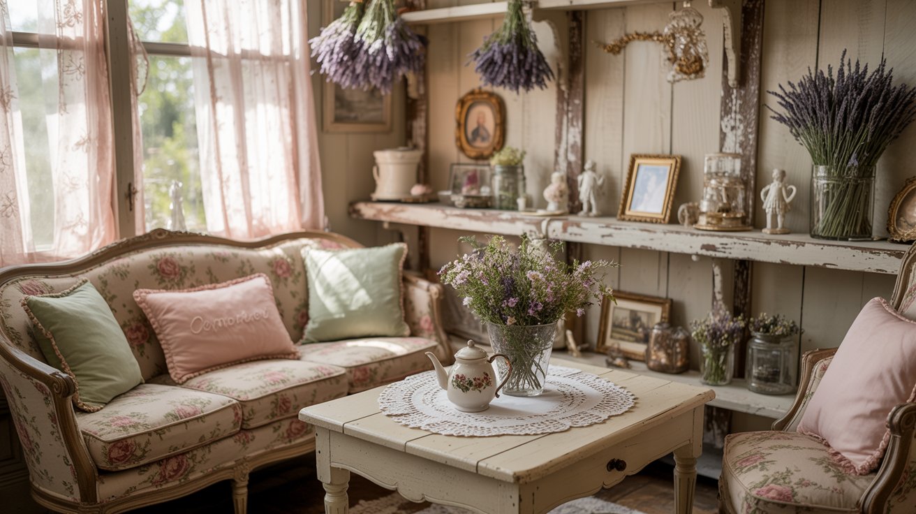 Cottagecore interior with floral decor, vintage furniture, and soft cozy tones.