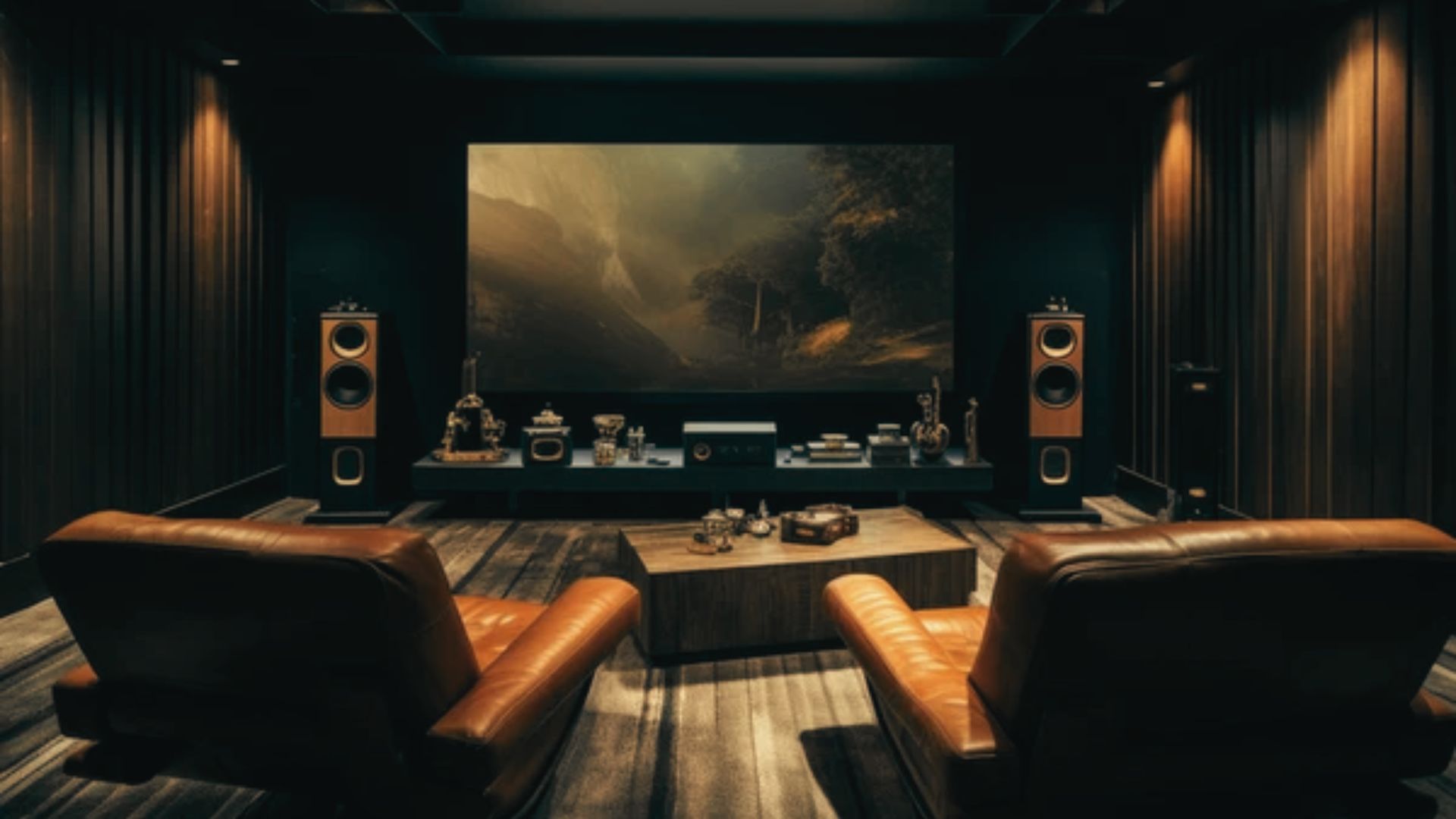 Luxury home theater with two leather recliners facing a large screen and tall speakers.