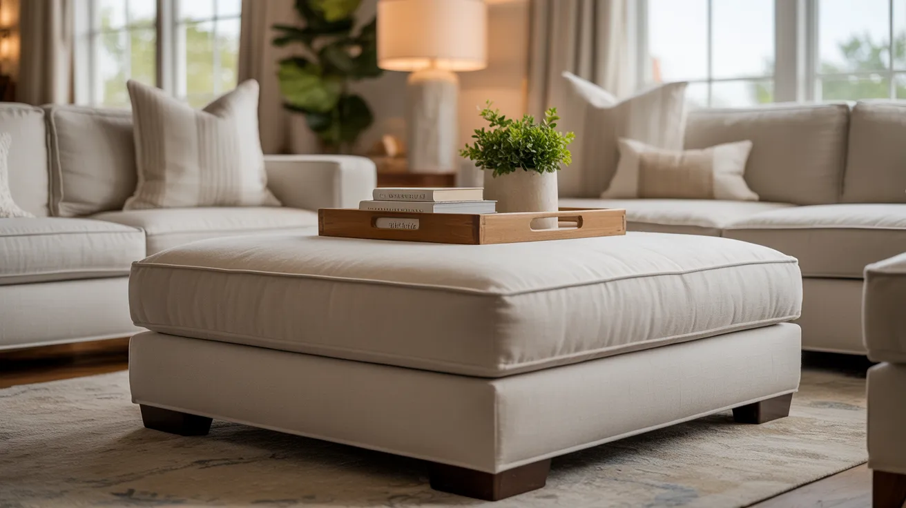 Coastal living room with neutral ottoman styled as coffee table with tray, books, and plant in warm natural lighting