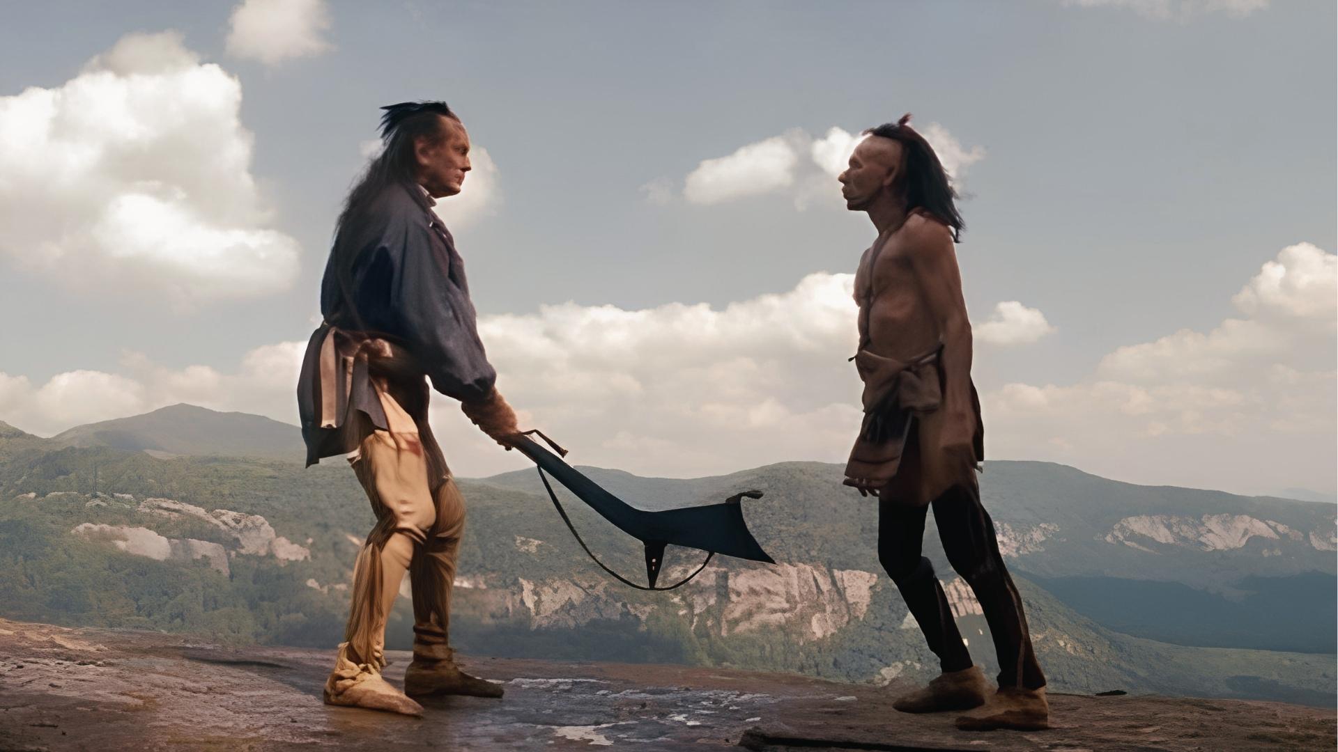 Climactic fight scene between Chingachgook and Magua filmed at Chimney Rock, Chimney Rock State Park, North Carolina, in The Last of the Mohicans.