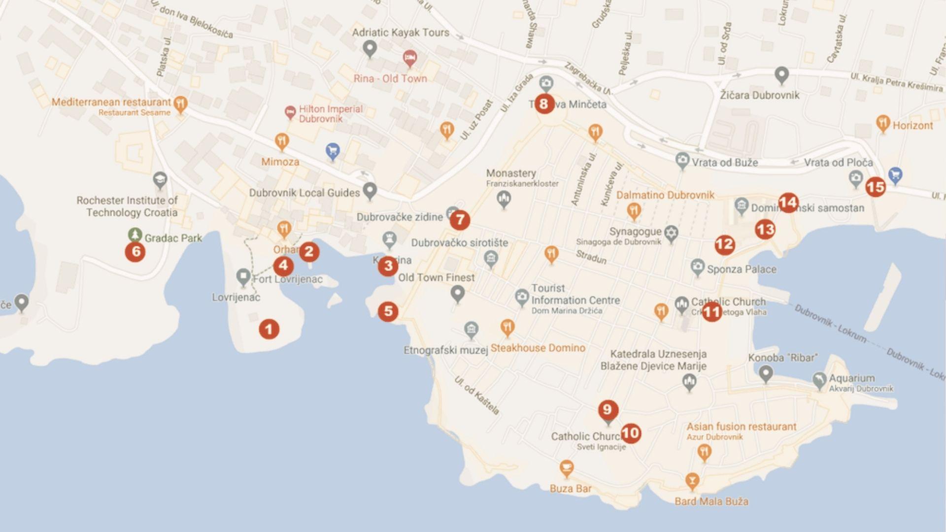 Tourist map of Dubrovnik with 15 numbered red markers over Fort Lovrijenac, Old Town, and the harbor.