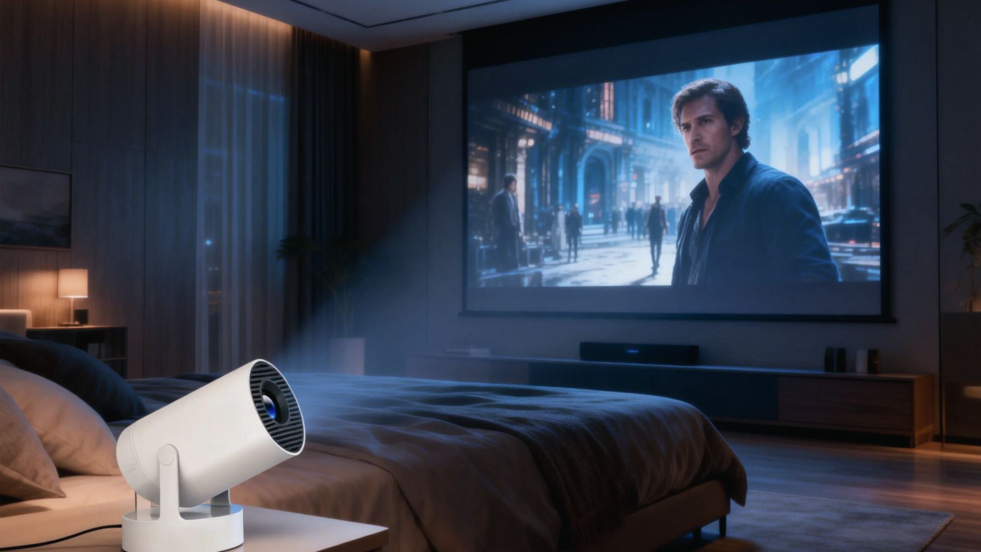 Cozy bedroom home theater featuring a projector screen opposite a large bed with dark bedding