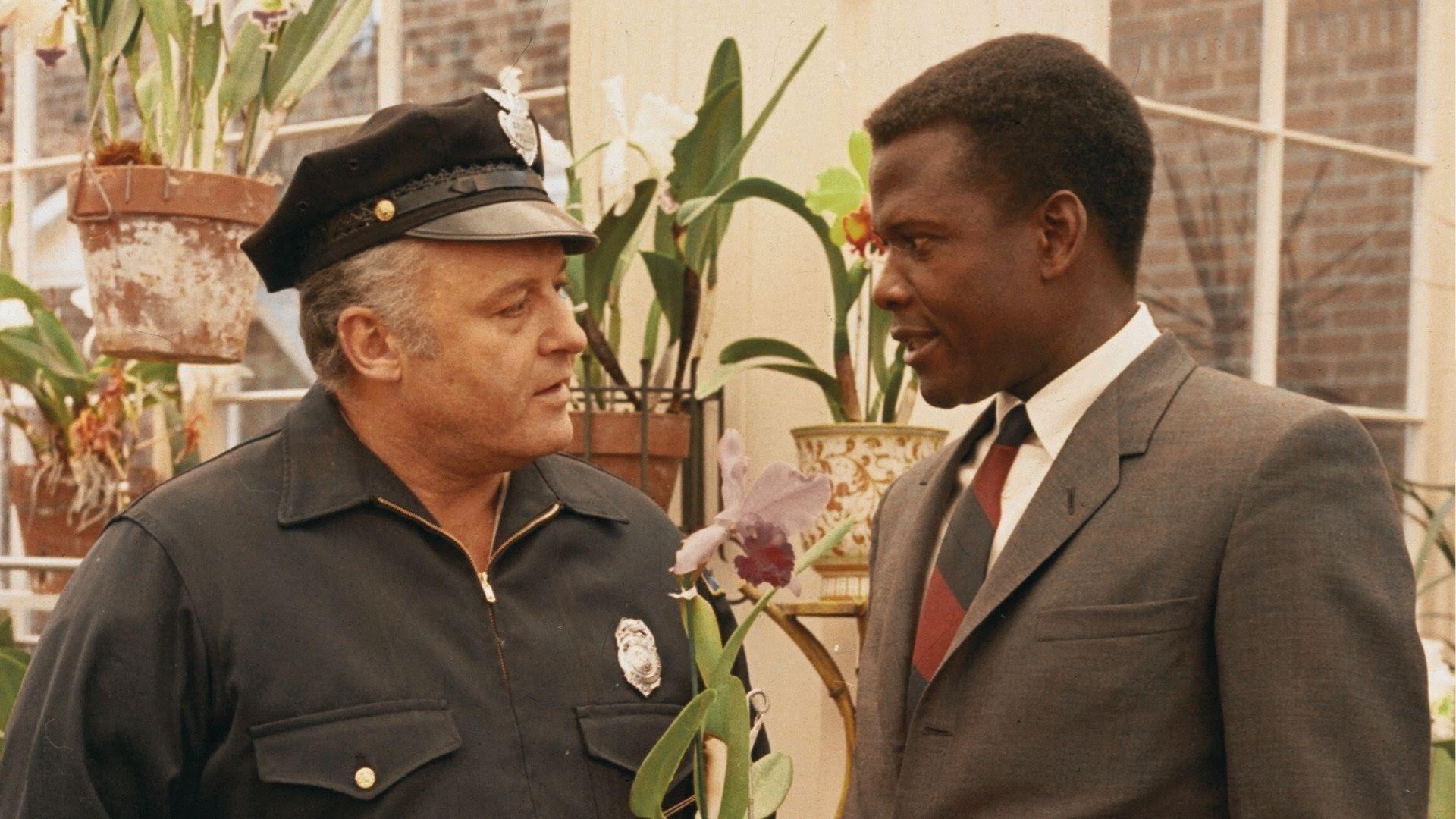 Sidney Poitier as Virgil Tibbs and Rod Steiger as Chief Gillespie talk in the greenhouse.