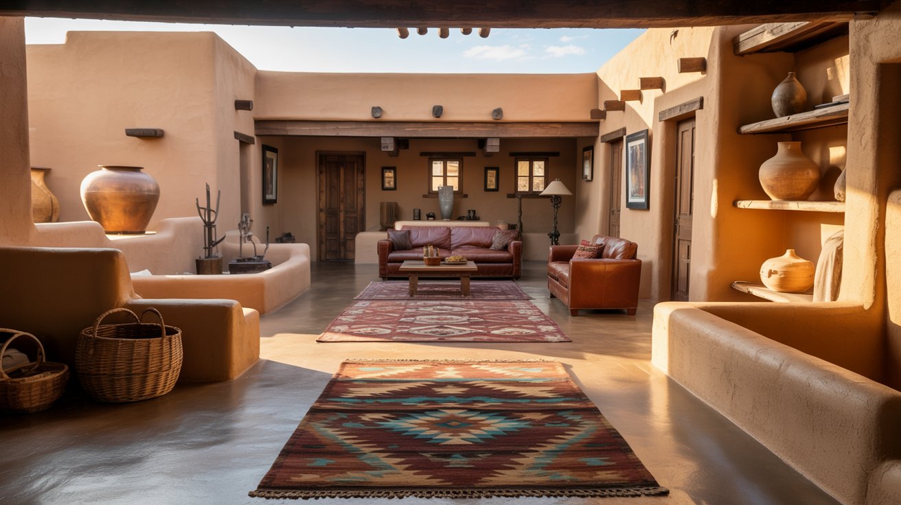 Southwestern interior with adobe textures, terracotta colors, and woven decor.