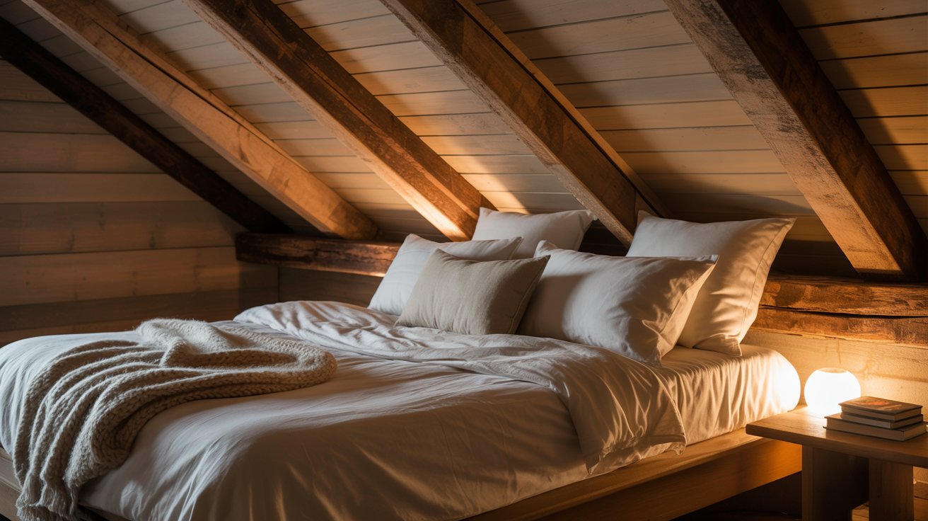 Cabin loft cozy low ceiling bed soft bedding warm minimalist rustic interior design