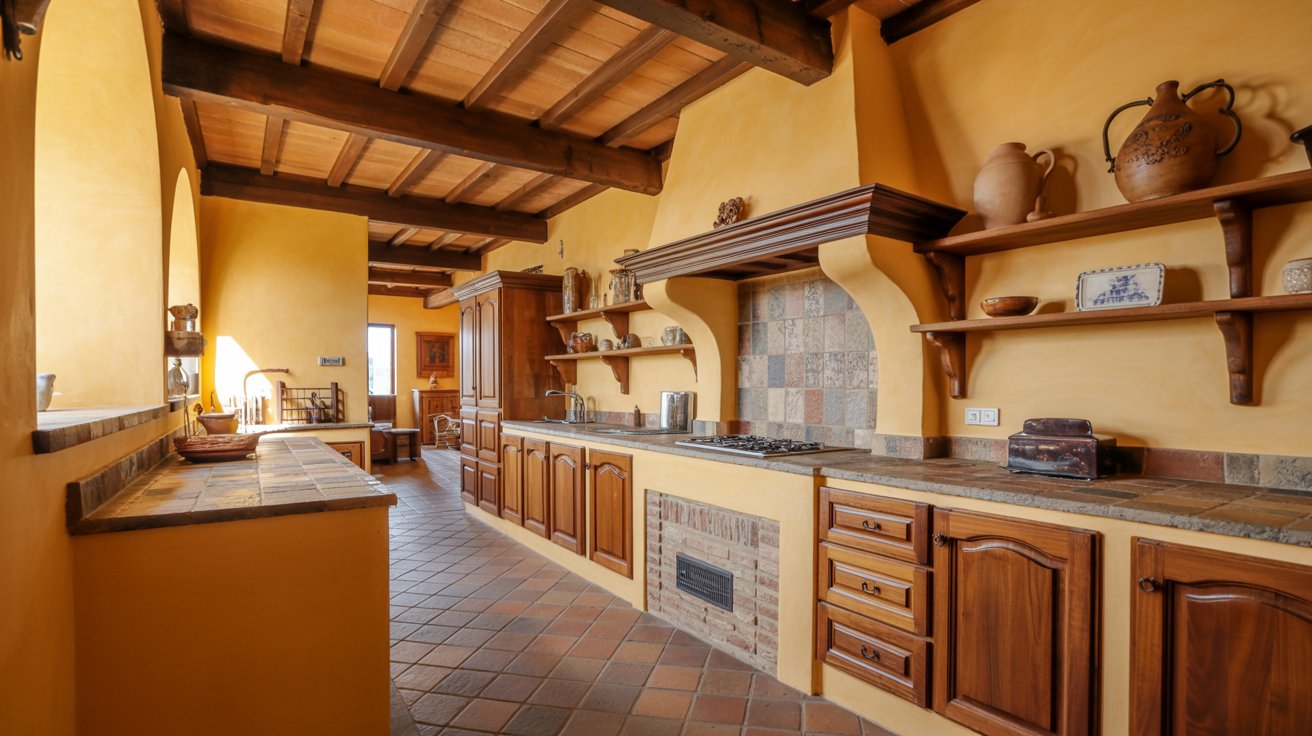 Tuscan kitchen with rustic wood cabinets, stone countertops, terracotta floors, and warm Mediterranean farmhouse charm