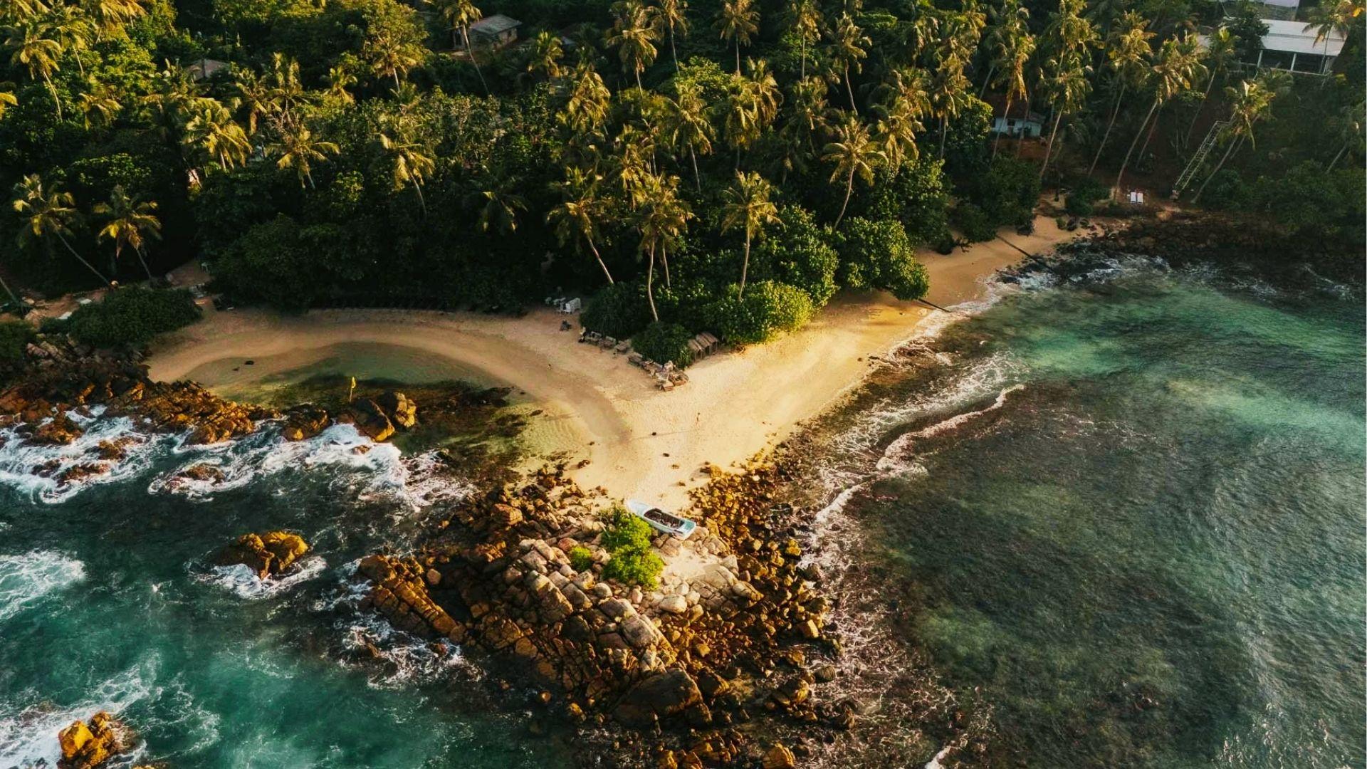 Secluded sandy cove surrounded by palm forest, rocky shore, and waves at golden hour