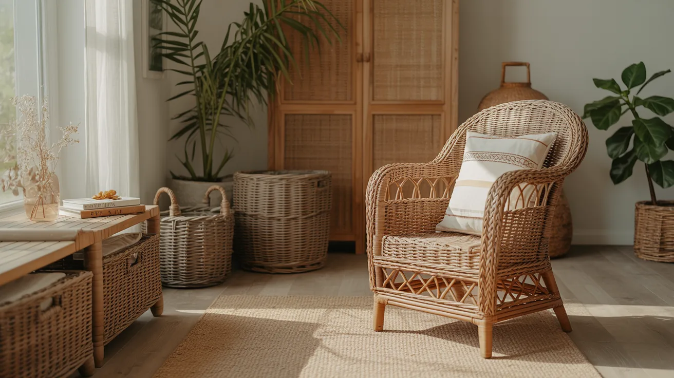 Coastal interior with wicker chair and rattan furniture adding natural texture and warmth