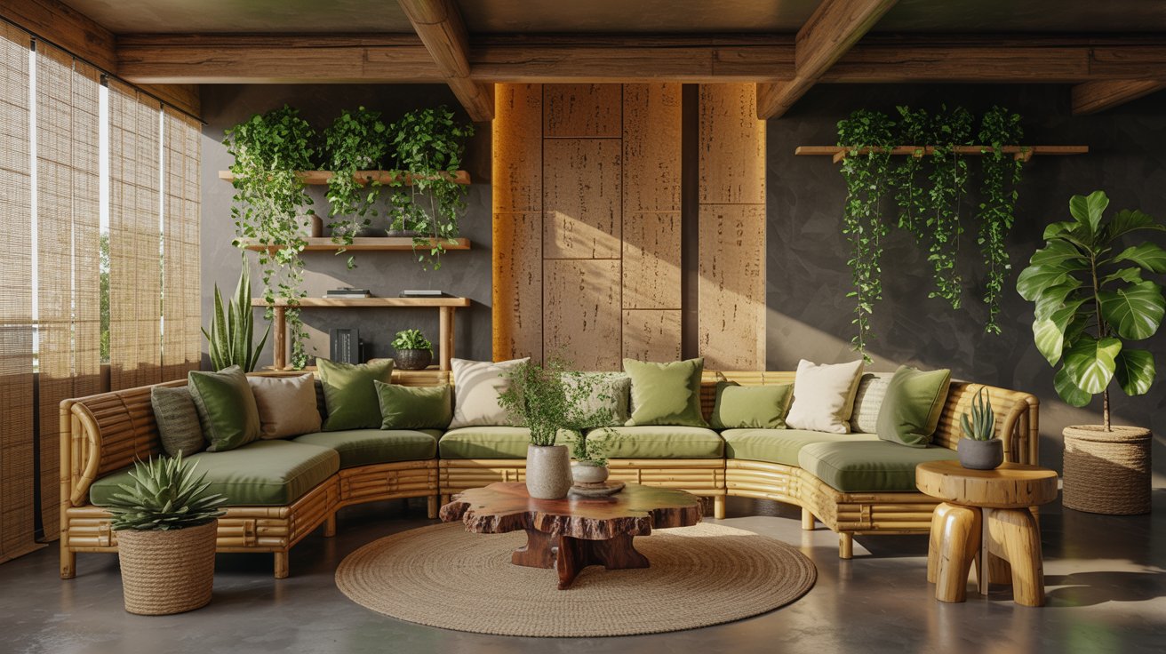 Sustainable bamboo cork recycled wood eco friendly biophilic interior natural calm modern home
