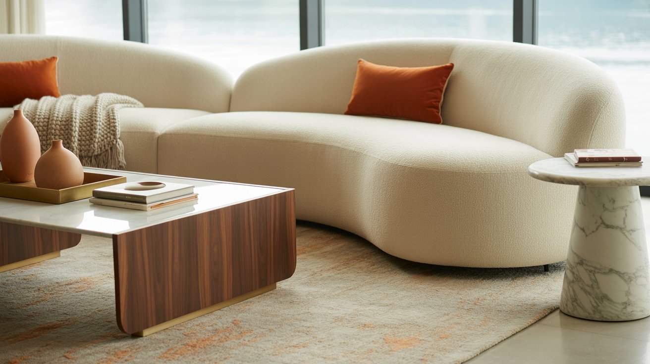 Contemporary living room with curved furniture, mixed materials, and neutral tones with modern accents.