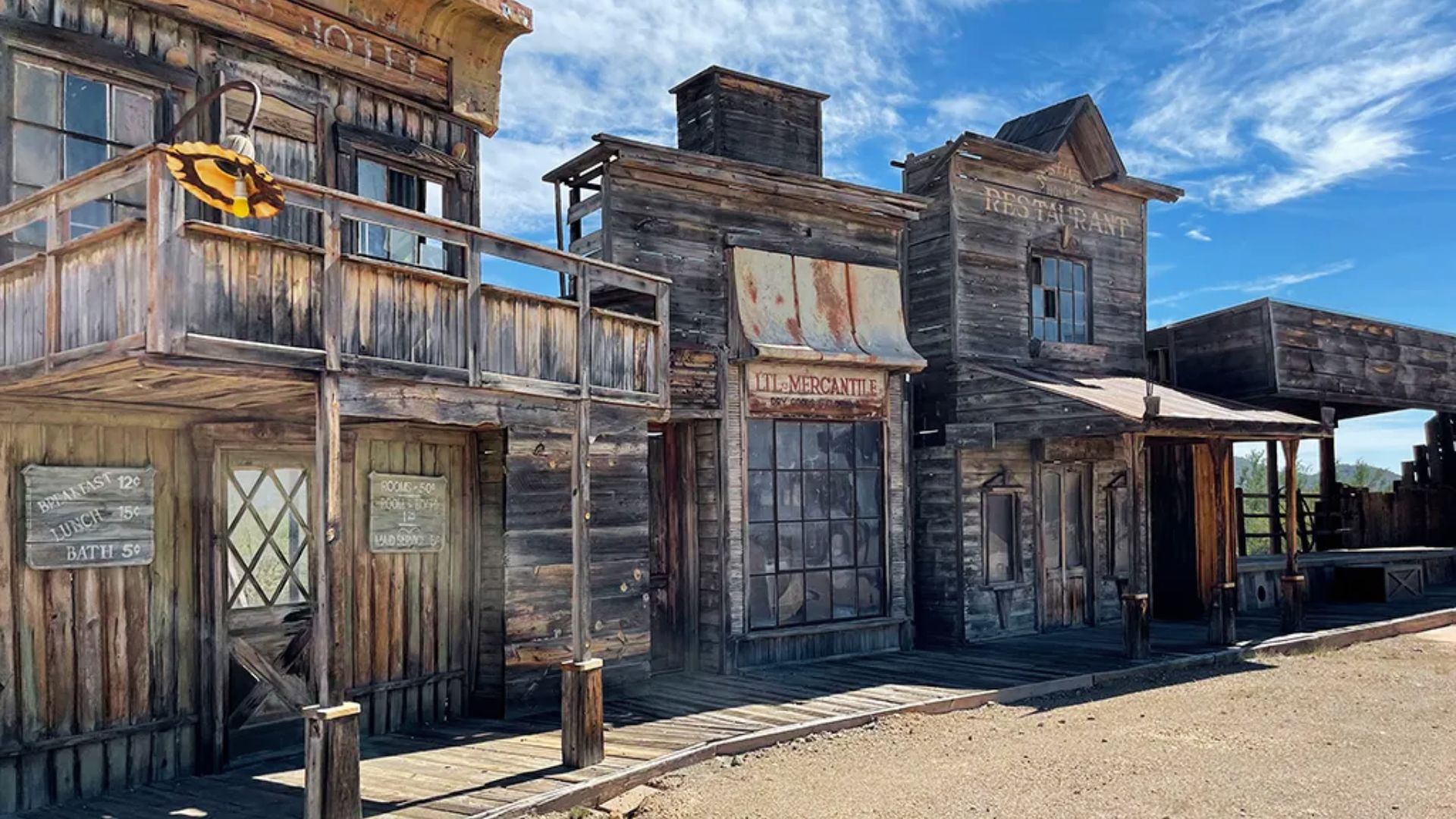 Sun-bleached hotel, mercantile, and restaurant facades on The Rifleman set at Paramount Ranch.