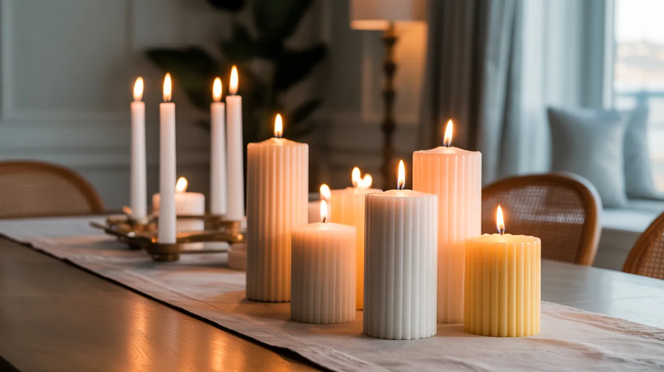 Dining table with grouped candles creating warm cozy coastal ambience in nice interior