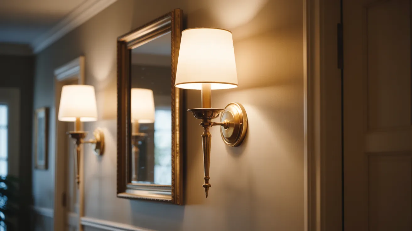 Hallway with brass wall sconces casting warm glow in proper coastal interior style