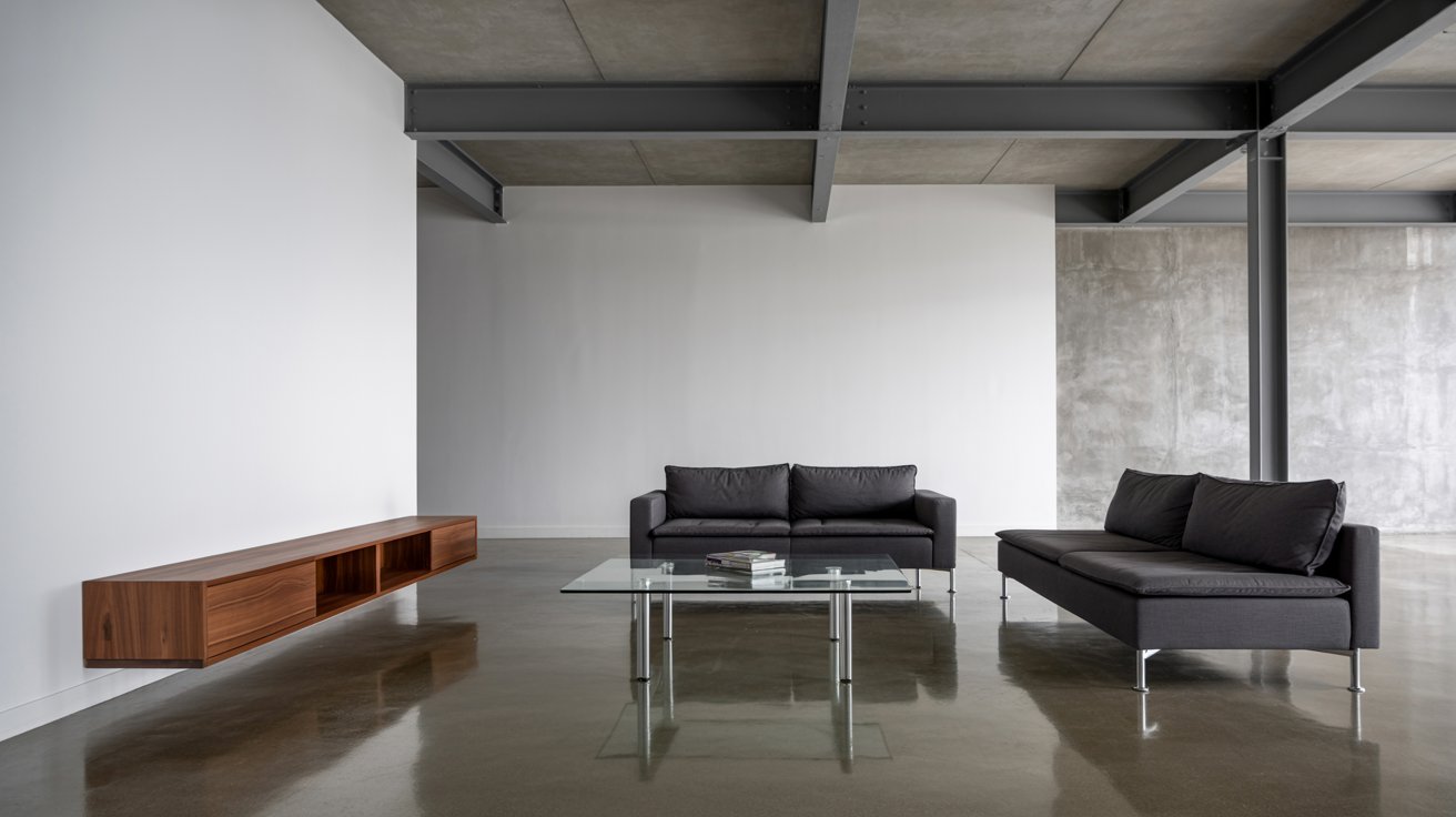Urban modern interior with sleek furniture, concrete textures, and neutral tones.