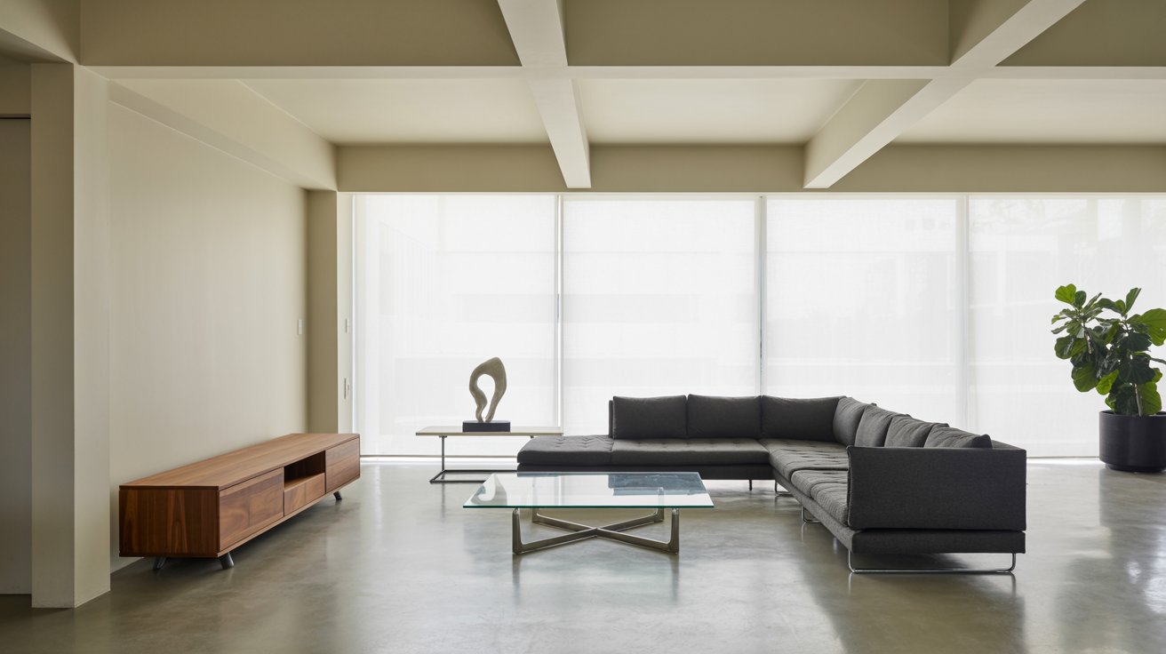 Modern living room with sleek furniture, neutral colors, clean lines, and minimal uncluttered layout.