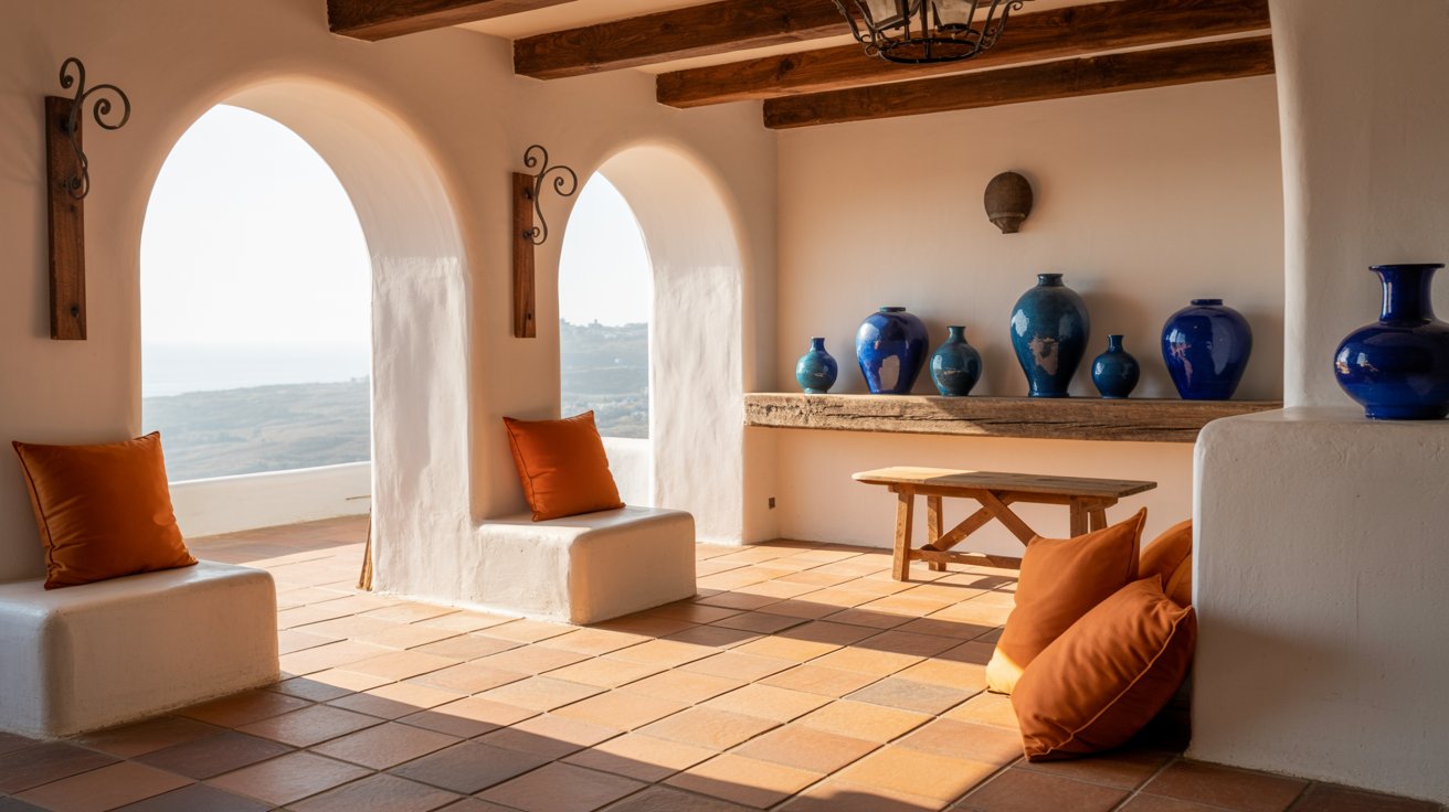 Mediterranean interior with terracotta floors, arches, and warm coastal colors.