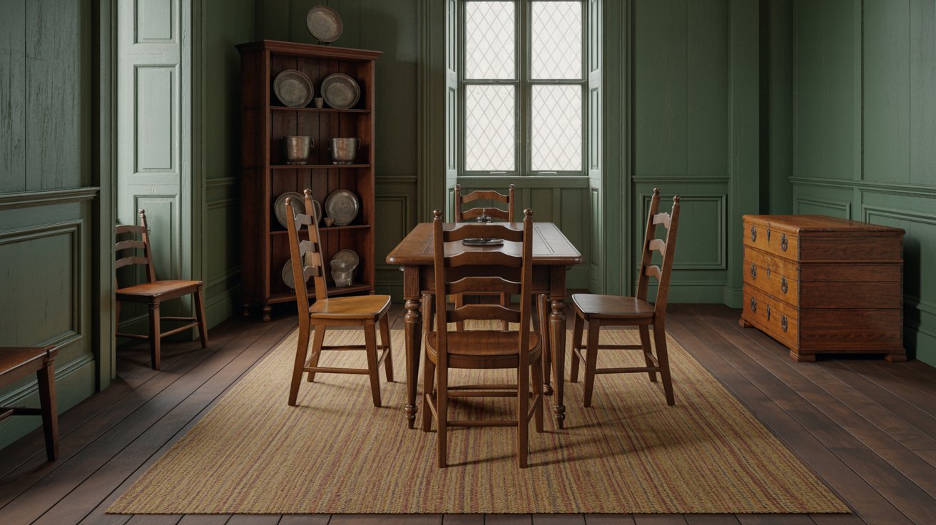 Colonial interior with dark wood furniture and structured traditional design.
