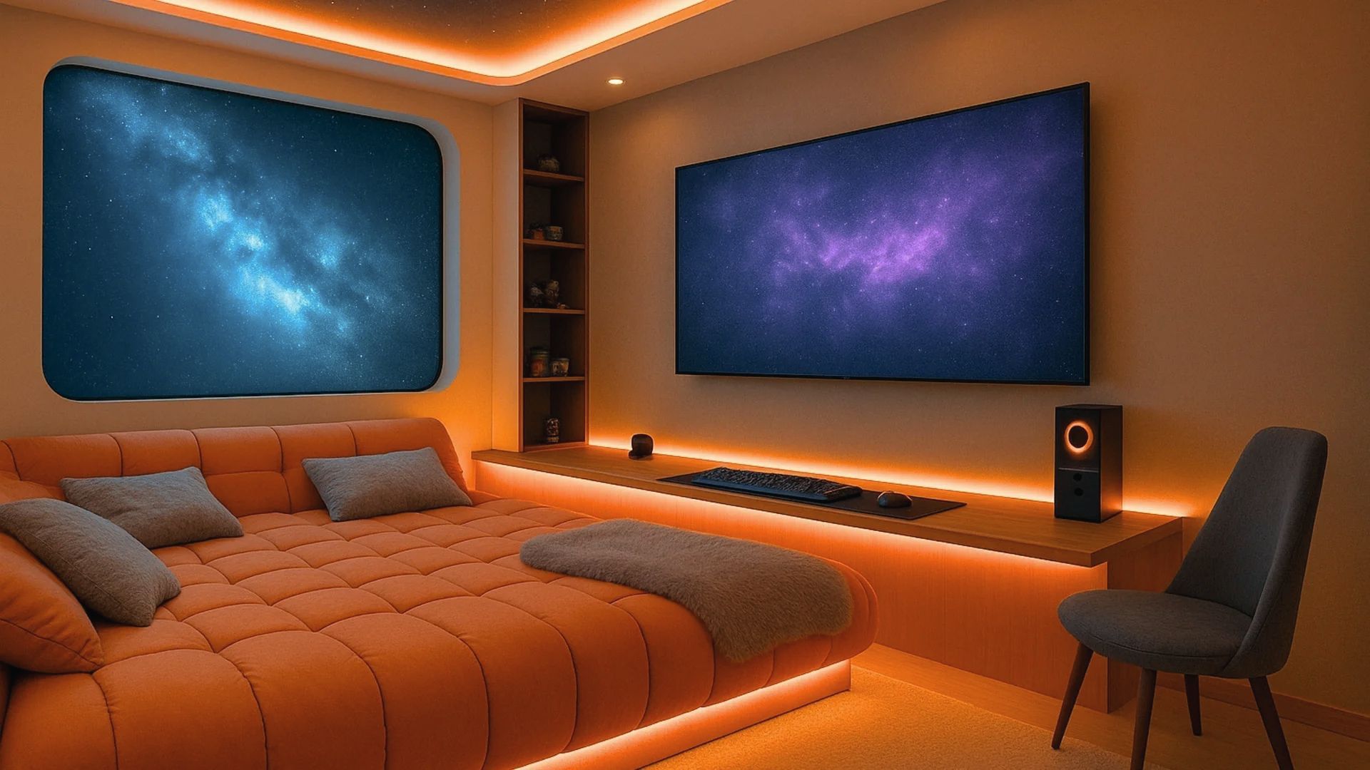 Futuristic bedroom with orange ambient lighting and a plush tufted daybed under a galaxy TV screen.