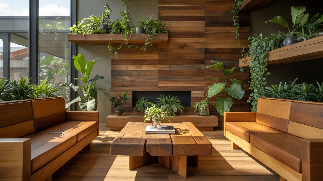 Wooden furniture biophilic interior warm natural textures plants cozy organic modern living space