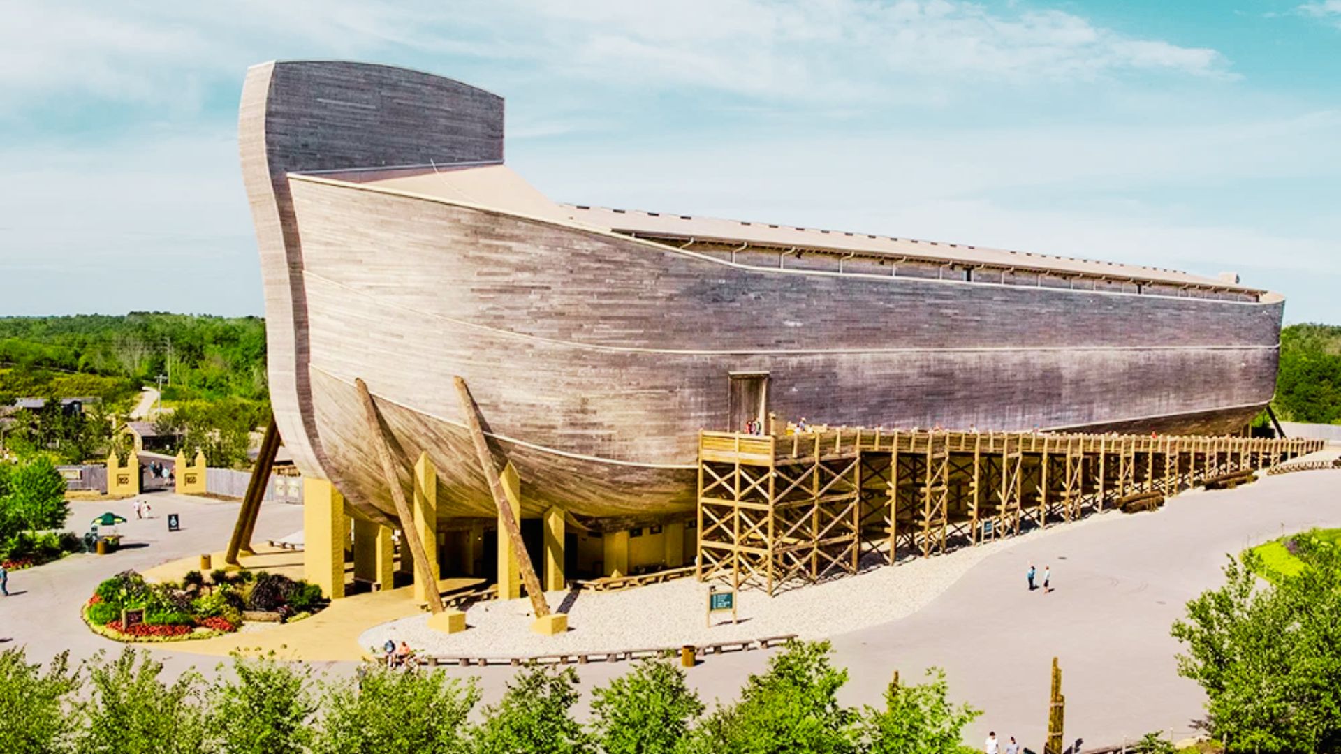 Exterior daytime shot of the massive wooden Noah’s Ark structure at the Ark Encounter in Williamstown, Kentucky.