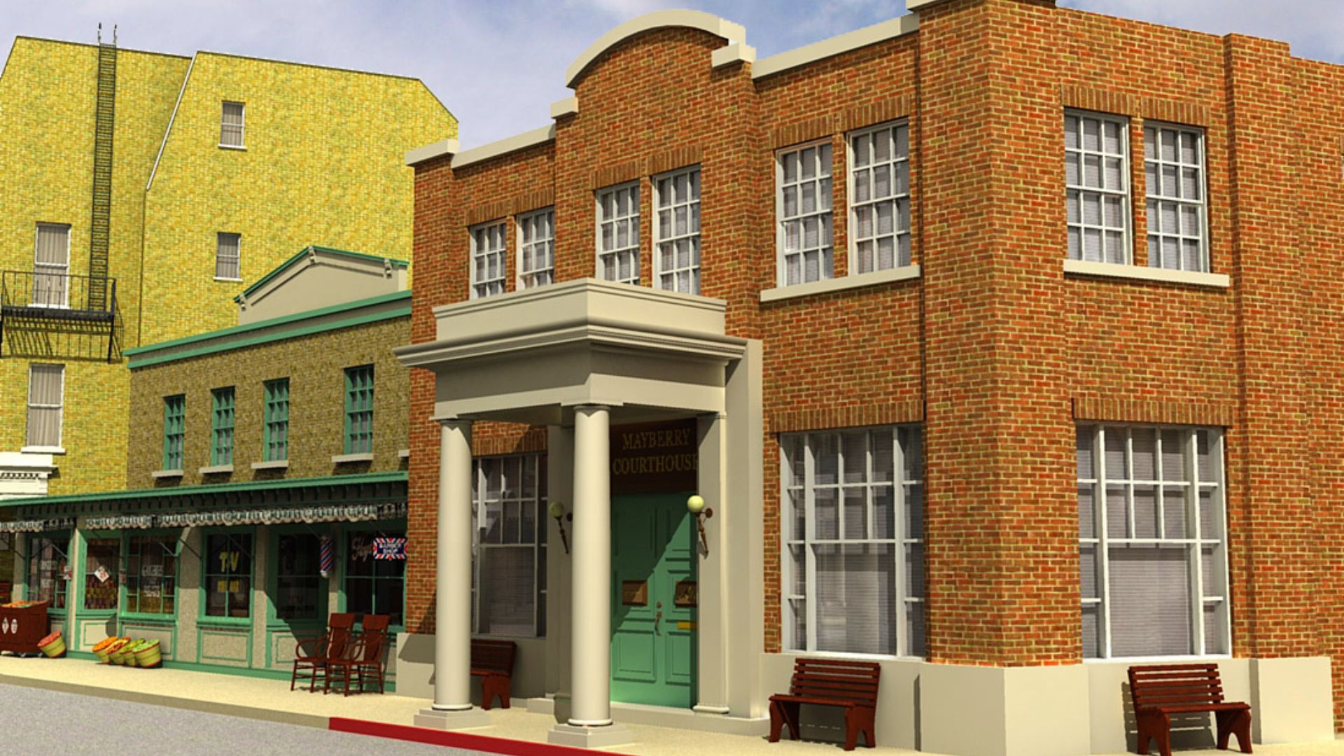 3D rendering of the brick Mayberry Courthouse with green doors and white columns on a studio street.