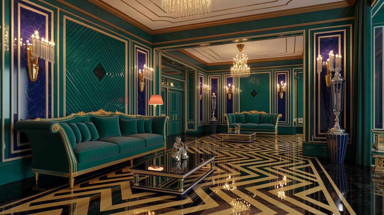 Art Deco interior with geometric decor, gold accents, mirrored surfaces, and rich jewel tones.