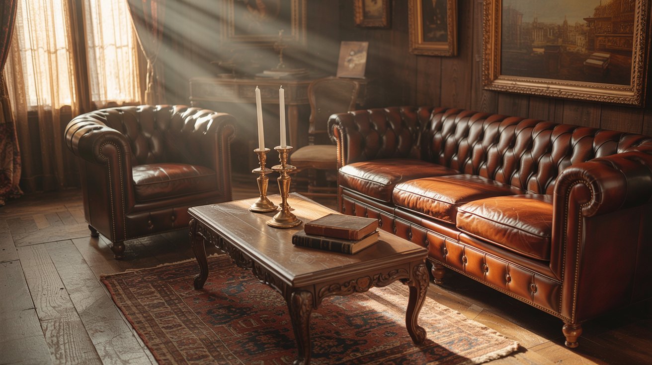 Vintage interior with retro furniture, antique decor, and warm nostalgic tones.