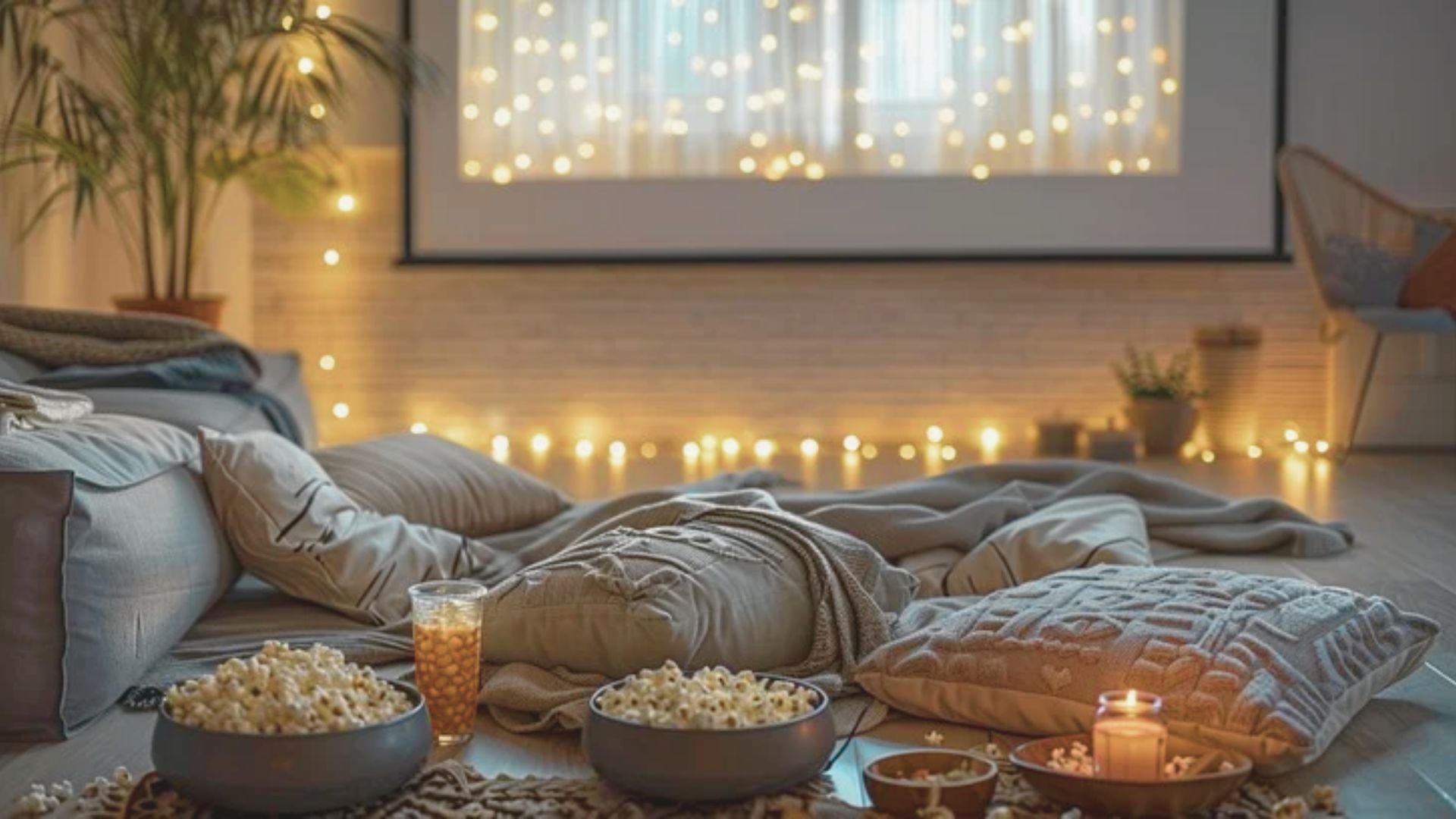 Floor cushions, blankets, and bowls of popcorn are laid out in front of a projector screen.