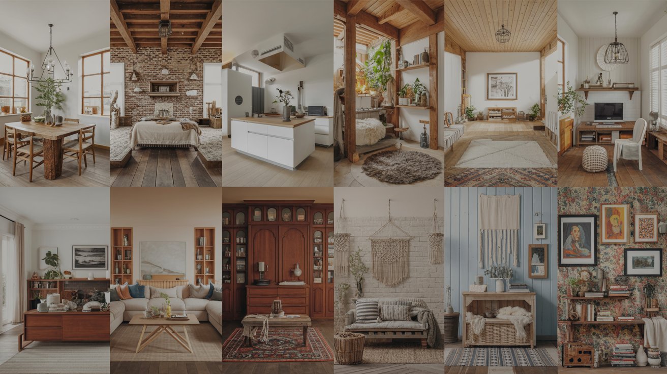 Collage of different interior design styles including modern, farmhouse, Scandinavian, industrial, bohemian, and minimalist home interiors.