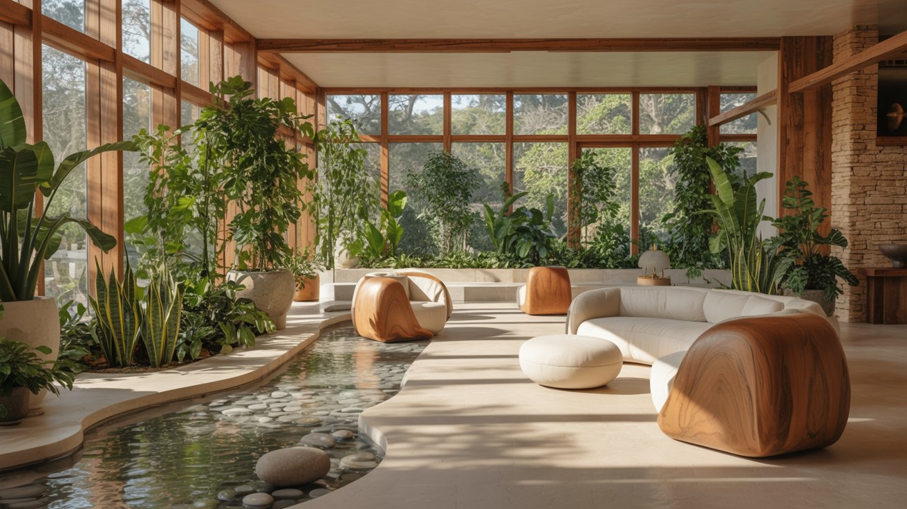 Modern biophilic interior showing plants natural light wood materials calming nature-inspired home environment aesthetic serenity