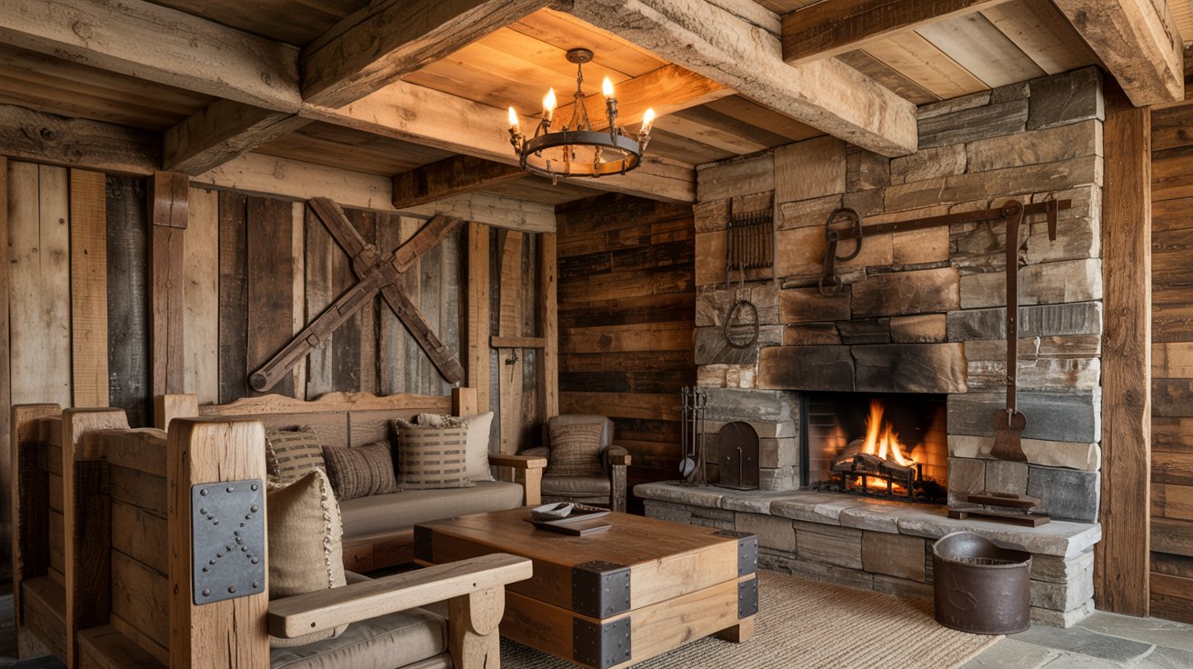 Rustic interior with raw wood, stone textures, and earthy natural materials.