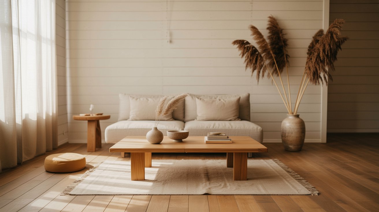 Japandi interior with minimalist design, natural wood, and calm neutral tones.