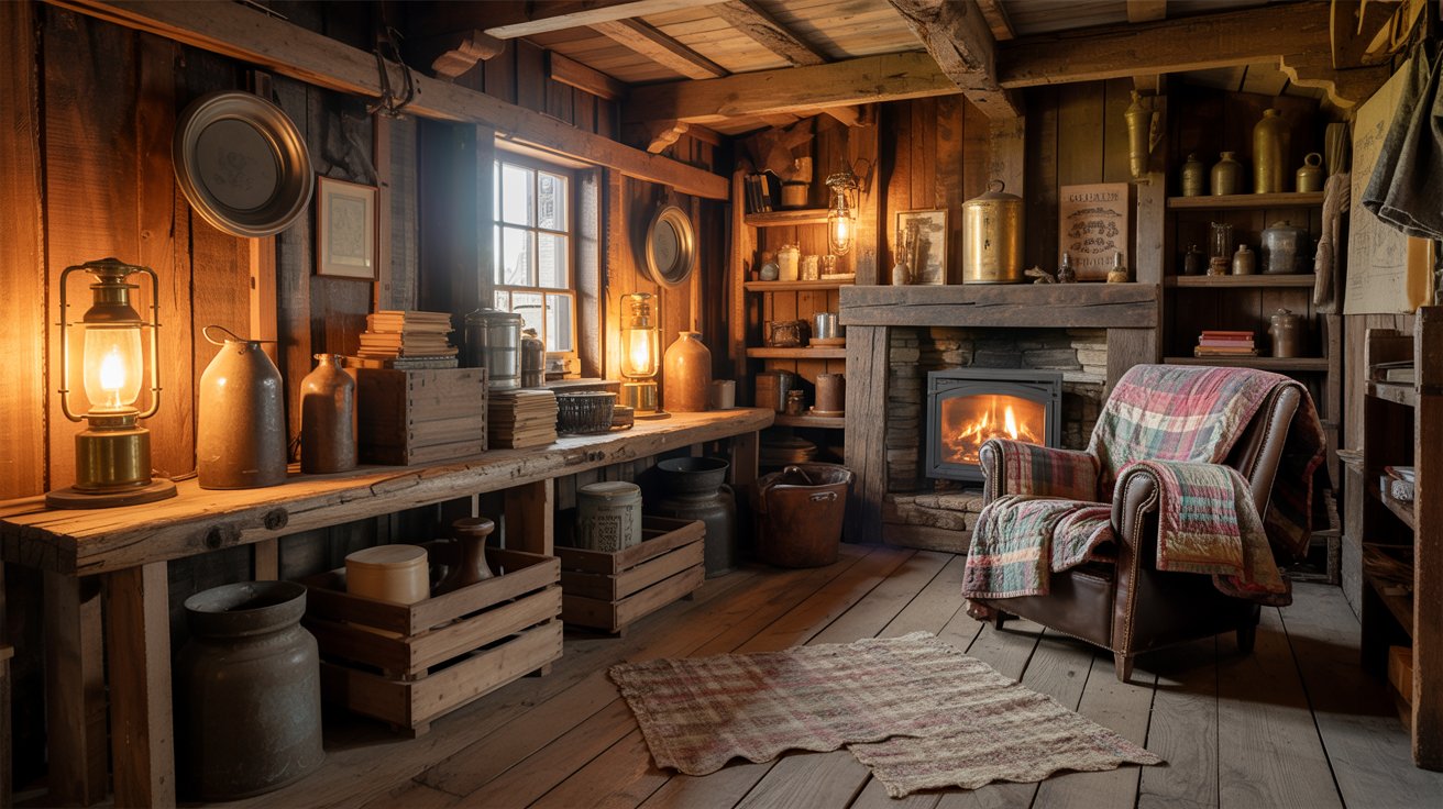 Vintage cabin decor antique lanterns rustic wood nostalgic warm cozy interior aesthetic style